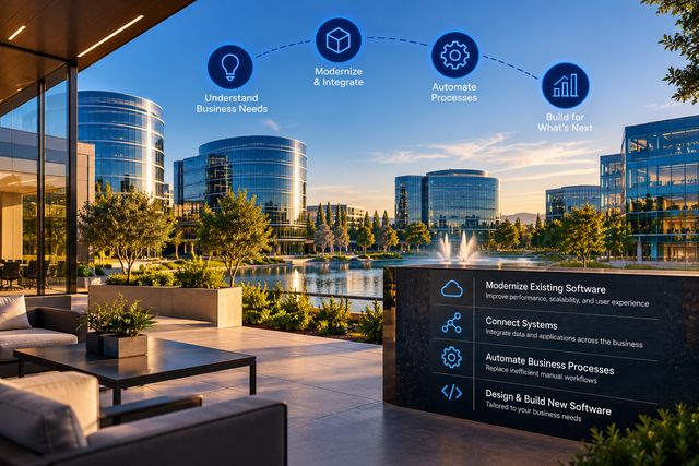 A corporate campus with plans to modernize, connect, and automate business software