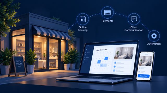 A small storefront at dusk with online booking, payments, client messaging, and automation on a laptop and phone