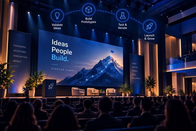 A conference stage presenting the path from validated idea to launch